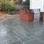 outdoor custom brick kitchen with BBQ, random square cut thermal bluestones (3)